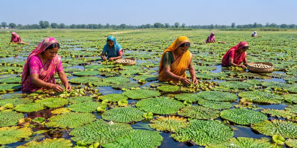 Makhana farm — harvesting in wetland fields